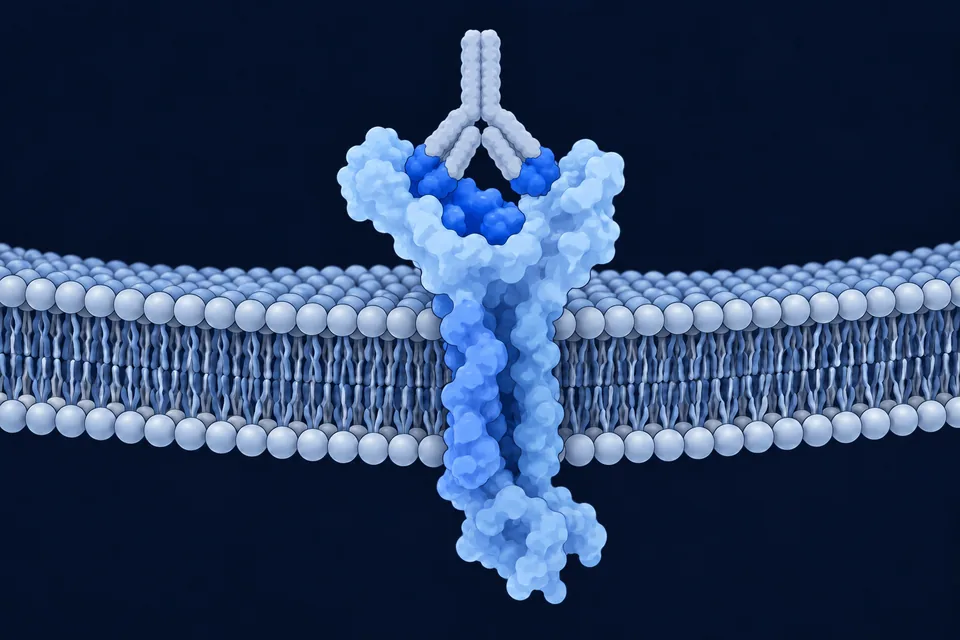 Illustration of antibody Fab binding a membrane receptor with Fc outward