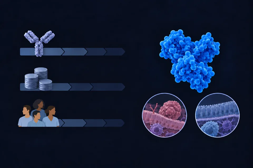 Illustration of antibody development, market opportunity and patient reach around a selected candidate